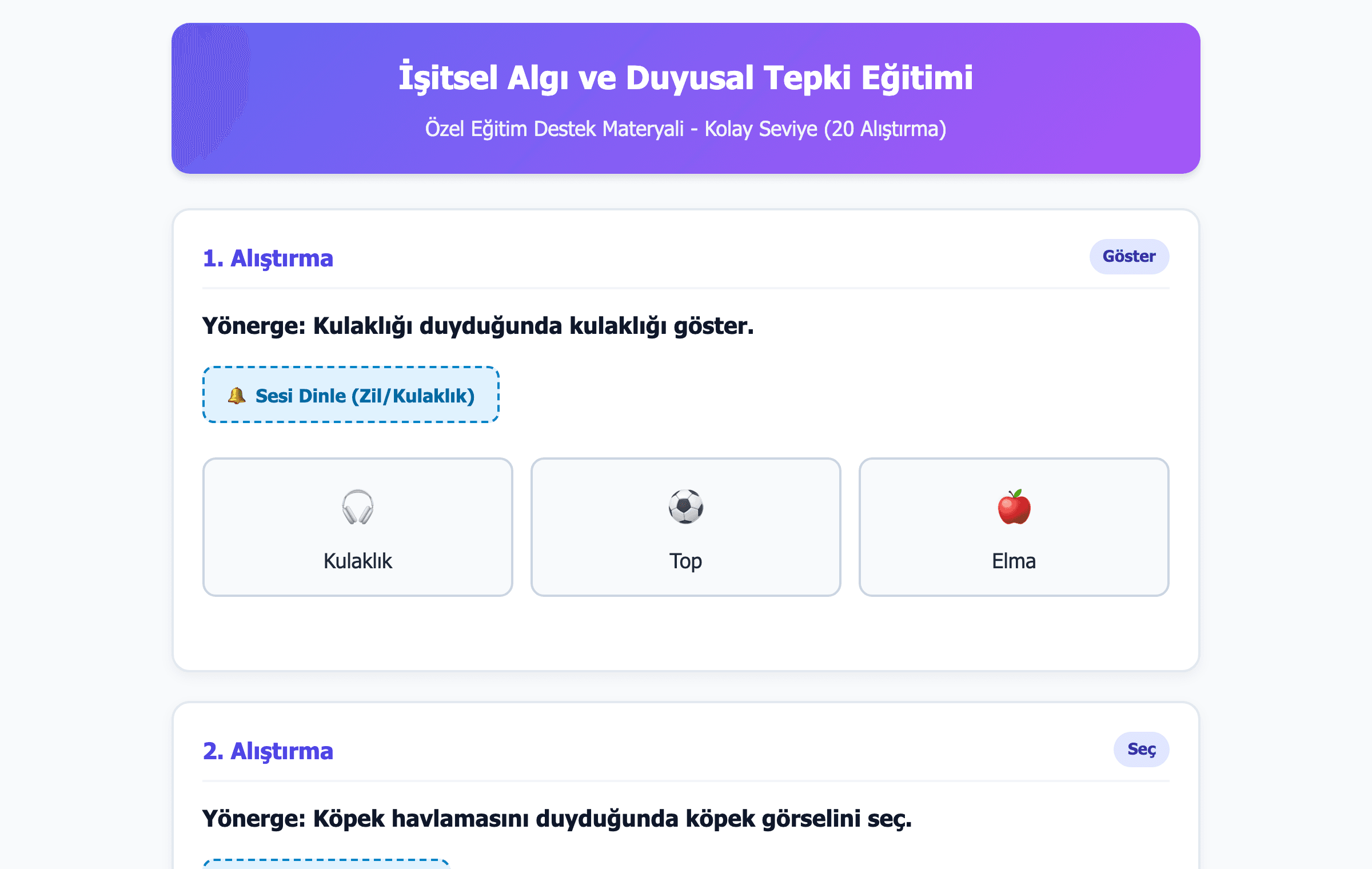 İşitsel algı materyalinin başlığı ve ilk alıştırması: kulaklık sesi duyulduğunda üç görselden kulaklığı seçme